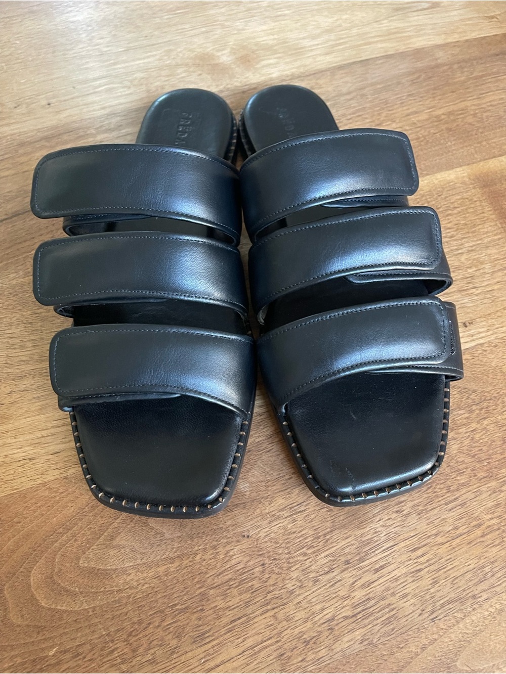 Freda Salvador Black Triple-Strap Leather Slide Sandals